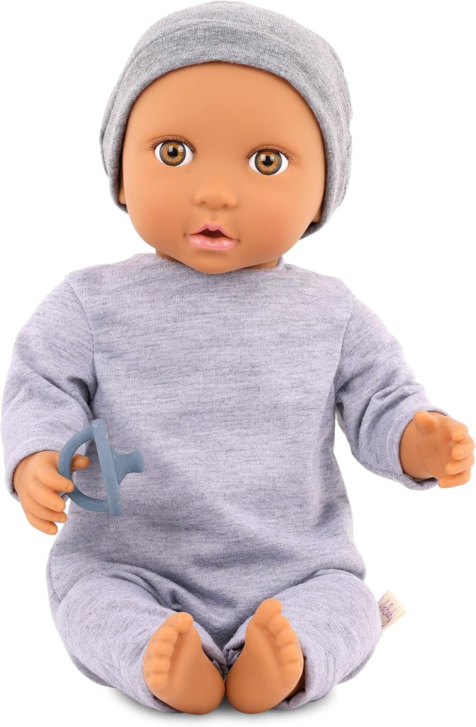 LullaBaby - Baby Puppe - Einteiler & Mütze - 36 cm Realistyczny Baby-Puppe - Orzech laskowy, brązowe oczy i miękkie ciało - Romper i Schnuller-Zubehör - Udawaj zabawę - Kinder 2 Jahre +