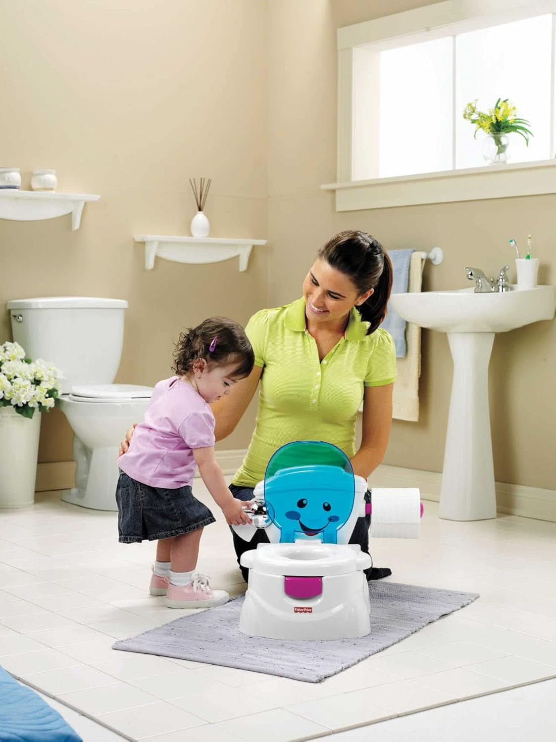 Toaleta Fisher-Price Meine Erste, Baby Töpfchen, Mit Musik & Lustigen Sätzen, Tragbare Baby Toilette, Abnehmbarer Toilettenaufsatz, Wersja Deutsche, Ab 1 Jahr, P4326 Akcesoria Żywność i karmienie piersią Sklep Bebe Naty