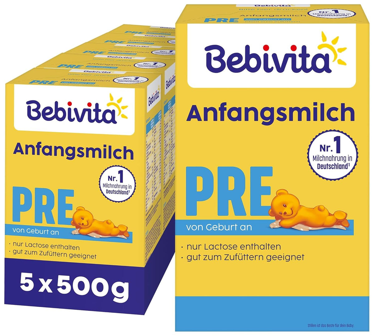 Formulă de lapte praf PRE (5 x 500 g), de la naștere, conține doar lactoză ca și carbohidrat, potrivită pentru alimentație suplimentară