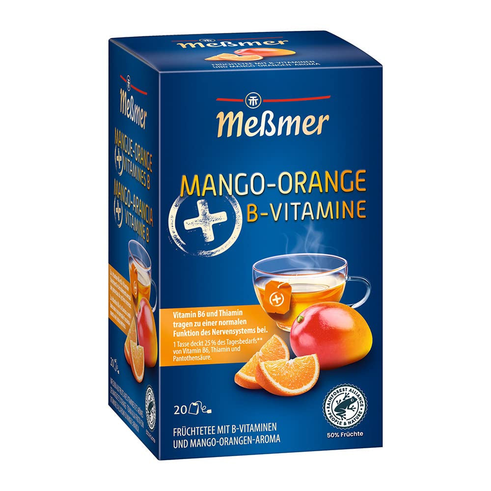 Ceai Meßmer plus | Mango-portocală + vitamine B | 20 pliculețe de ceai | Fără gluten | Fără lactoză | Vegan