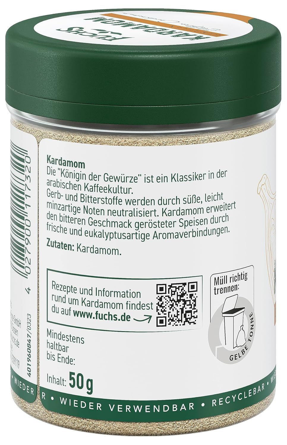 Fuchs Gewürze - Kardamom gemahlen - Gewürz für Glühwein oder Fleischgerichte wie Roastbeef oder Schweinebraten - naturalne składniki - 50 g w wiederverwendbarer, recyclebarer Dawka