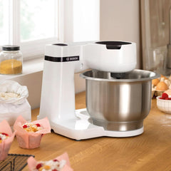 Bosch Küchenmaschine Serie 2 MUMS2EW00, Edelstahl-Schüssel 3,8 L, Planetenrührwerk, Knethaken, Schlag-, Rührbesen Edelstahl, 4 Arbeitsstufen, Durch Optionales Zubehör Erweiterbar, 700W, Weiß Bucatarie Naty Shop