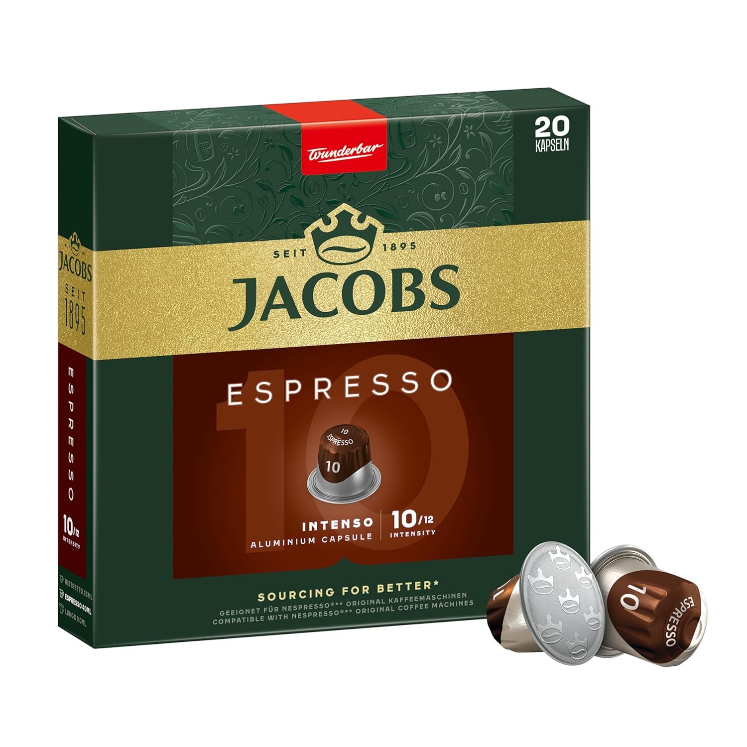 Jacobs Kaffeekapseln Espresso Intenso, Intensität 10/12, 10 x 20 Getränke, Nespresso* kompatible Kaffee Kapseln, 200 Kapseln