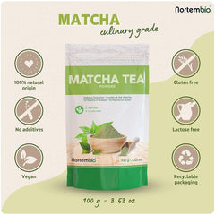 Nortembio Matcha Tea Powder 100 g. Ceai verde japonez fără aditivi și conservanți. Ceai verde Matcha de calitate culinară. Ideal pentru latte, deserturi și produse de patiserie.