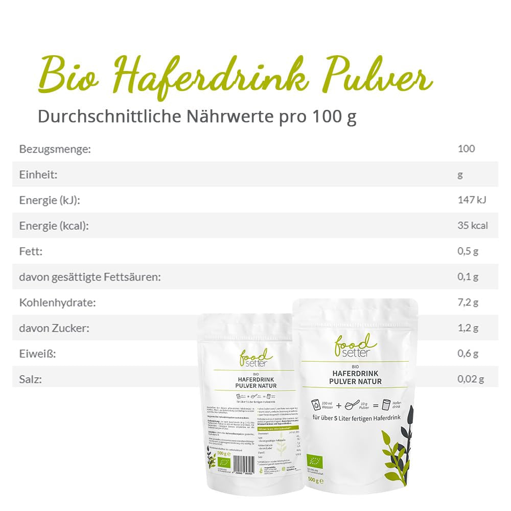 foodsetter Bio Haferdrink Pulver | Torba 500g | Haferpulver | Natychmiastowy Haferpulver | Jakość biologiczna | wegańskie | Bezglutenowe | Ohne Zuckerzusatz | 0,5 kg
