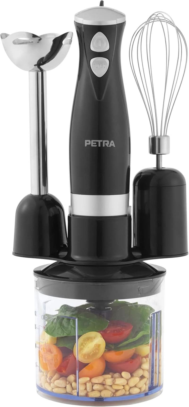 Petra PT2827BMBLKVDE Mikser 3 w 1 – nasadki niezawierające Bpa, 500 ml-Schüssel, 700 ml-Becher, Schneebesen, Mixen, Zerkleinern, 2 Geschwindigkeiten, Edelstahlklingen, Für Babynahrung, Smoothies, Saucen, 350 W Mother and Child Naty Shop 3 w 1 Mikser