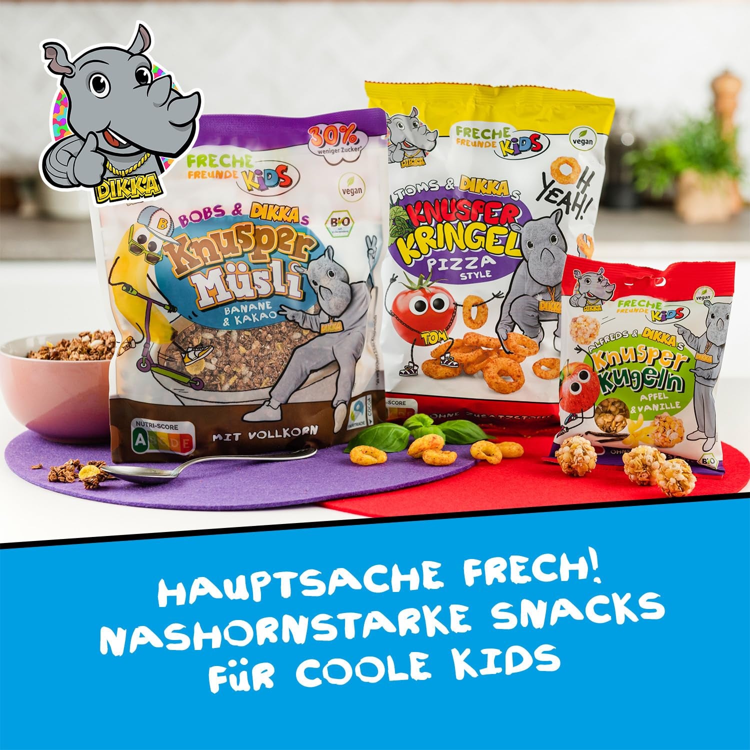 FRECHE FREUNDE KIDS, Bobs & DIKKAs Chrupiące muesli kakaowe z bananami, Muesli z chrupiącą czekoladą dla dzieci, o niskiej zawartości cukru, bez dodatków, 100% wegańskie, 6 sztuk (6 x 280g)