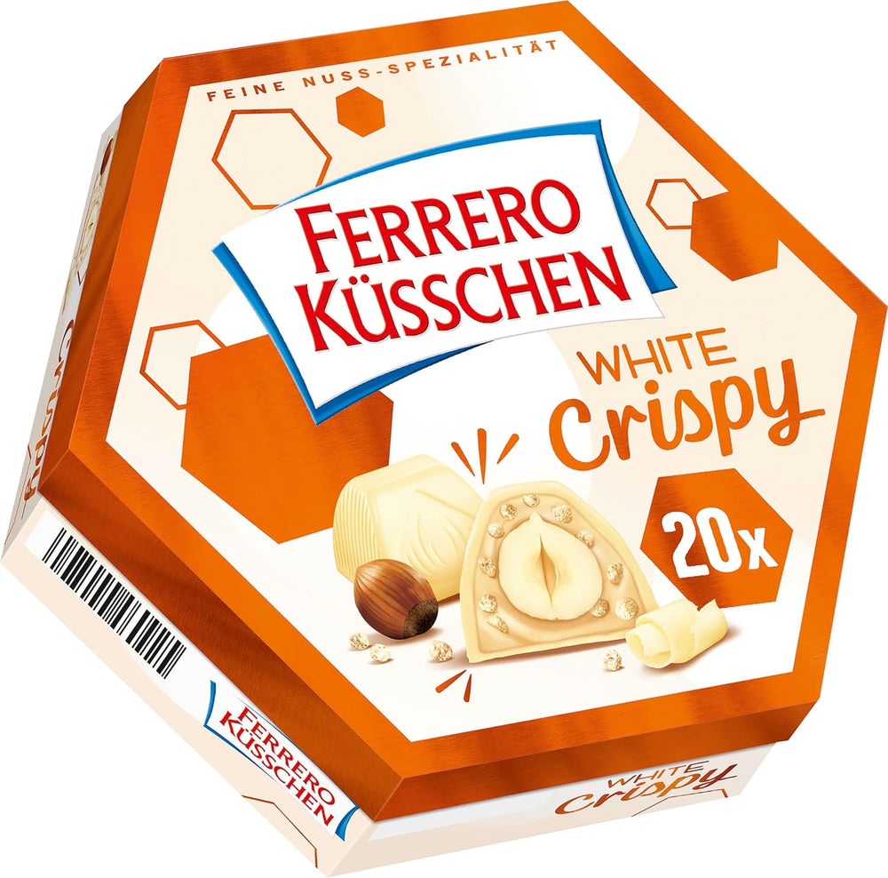 Ferrero Küsschen White Crispy - Prezent na Walentynki dla niego i dla niej - Chrupiące prażone orzechy laskowe w jasnej śmietanie z chrupiącymi chipsami, oblane białą czekoladą, 1 opakowanie 20 pojedynczych pralinek