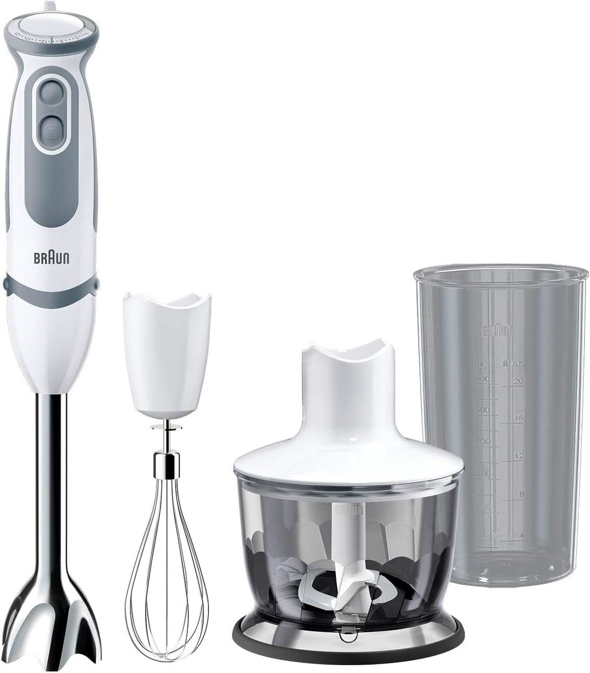 Braun Stabmixer MQ 5200WH - Multiquick 5 Vario Pürierstab Mit Edelstahl Mixfuß, 1000 Watt, Inkl. 600 ml Mix- & Messbecher, Weiß/Grau Kitchen Naty Shop Wersja 2019 – Schneebesen