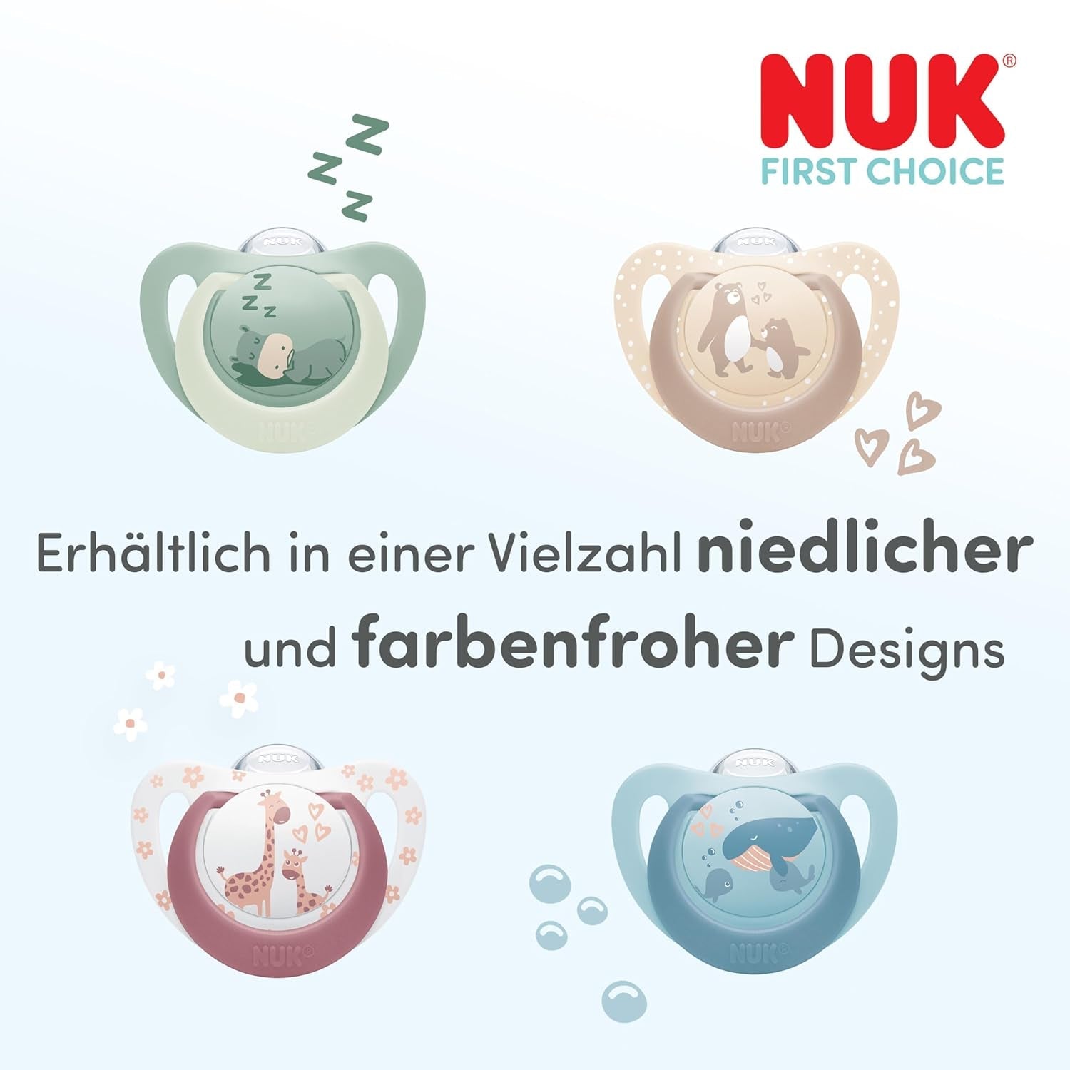 Suzete NUK First Choice Night pentru bebeluși | 6-18 luni | Suzete ortodontice care strălucesc în întuneric | Calmează 99% dintre bebeluși** | Hipopotam/Koala | Pachet de 2