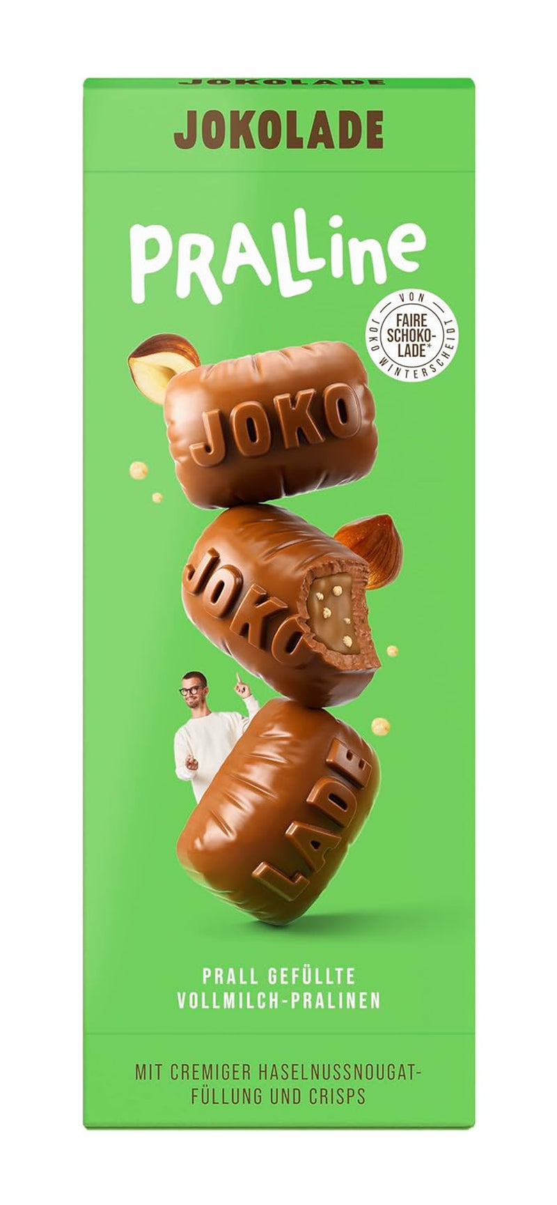 JOKOLADE PRALINE Pudełko 80g | Obfite nadzienie z kremem nugatowym z orzechów laskowych i frytkami | Czekolada Fair Trade od Joko Winterscheidt