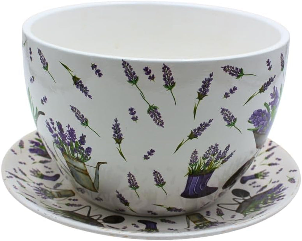 Ghiveci de flori Dekohelden24, jardinieră, ghiveci pentru plante, recipient pentru plante, ghiveci de flori. Ghiveci ceramic în formă de cupă cu mâner, design: lavandă, L/l/Î 25 x 23 x 14 cm.