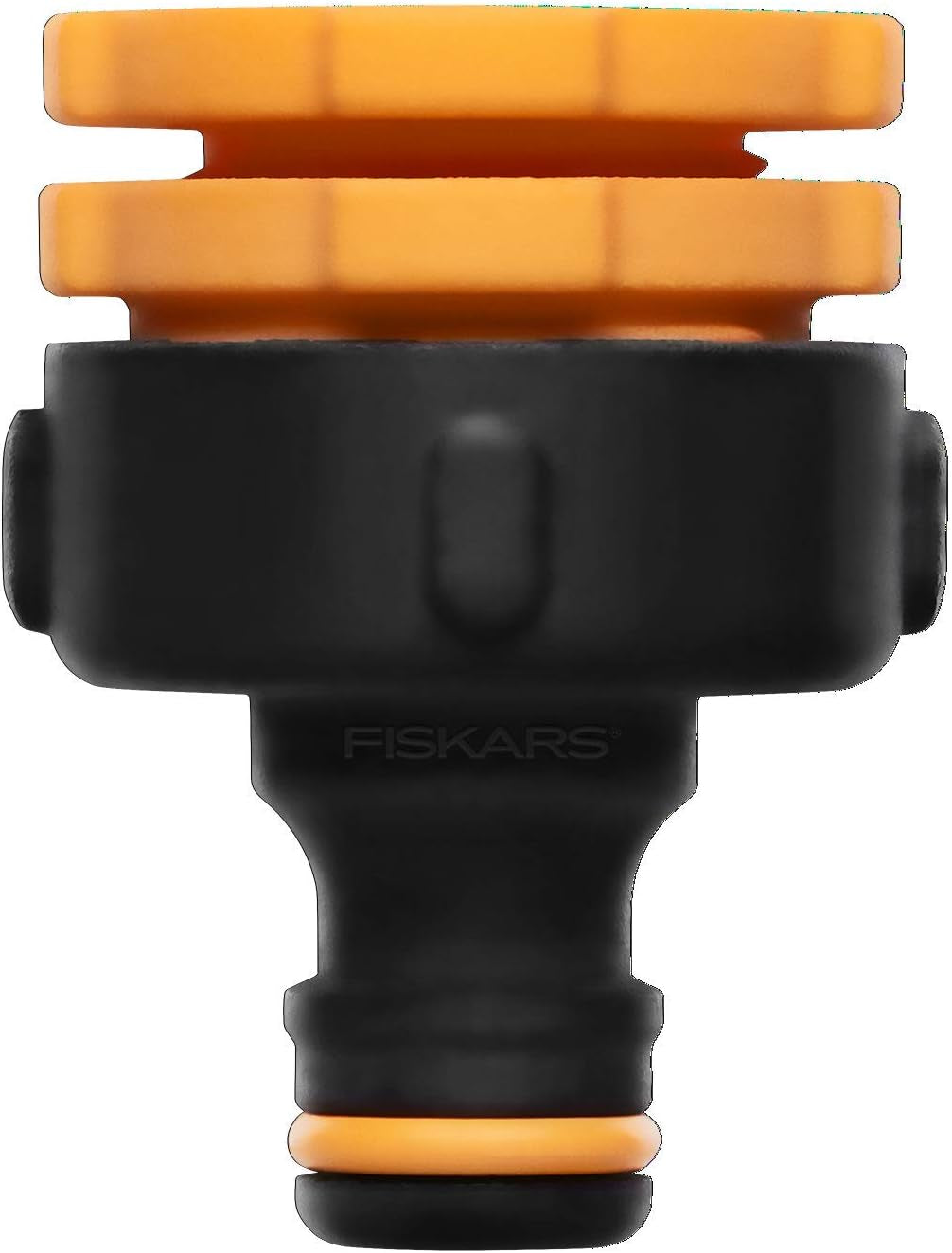 Conector multi-filet Fiskars, filet interior pentru diferite dimensiuni de robinet, pentru trei dimensiuni de filet Ø 21 mm (1/2"), Ø 26,5 mm (3/4") și Ø 33,3 mm (1"), 17 g, negru/portocaliu, 1027051