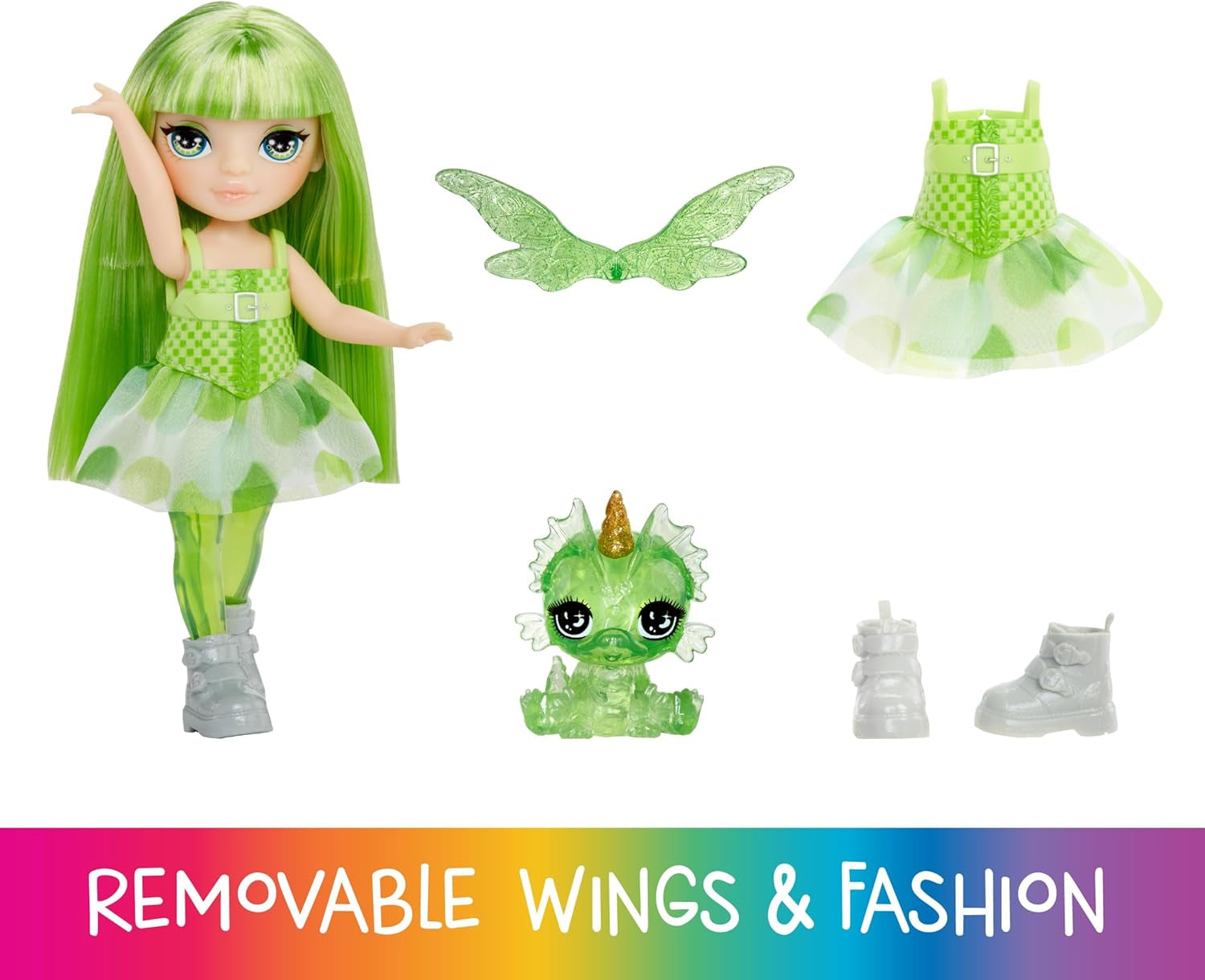 Rainbow High Littles Zâne Fantasy Curcubeu și Animal de Companie - Smarald, Verde - Păpușă mică, articulată, de 14 cm și Dragon Fantasy cu Aripi de Zână Interschimbabile, Cadou Dulce pentru Copii cu Vârsta de 4 Ani și Peste