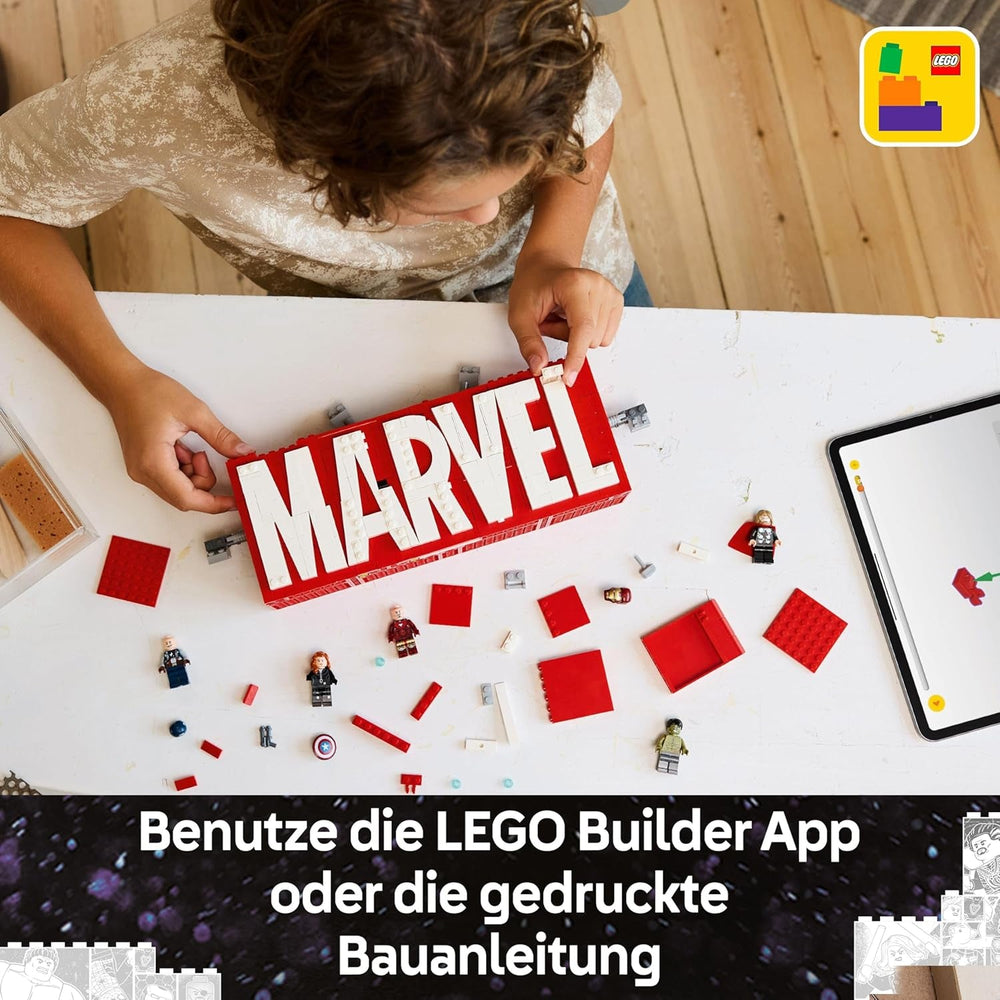 LEGO | Marvel: MARVEL Logo & Minifiguren - Sammlerstück inkl. Hulk, Thor, Iron Man, Black Widow und Captain America - Bauset mit Avengers Figuren - Geschenk für Jungen und Mädchen ab 12 Jahren - 76313