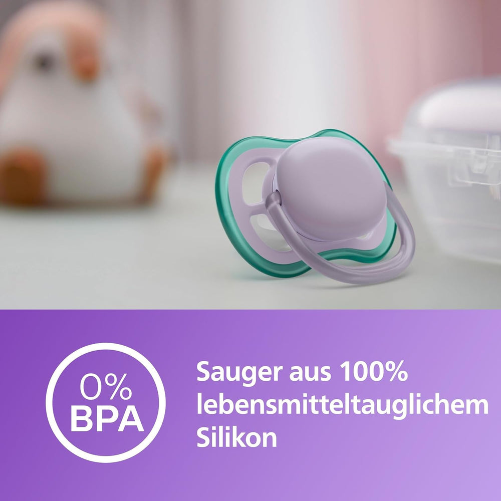 Suzete Philips AVENT ultra air – Suzete ușoare și respirabile pentru bebeluși cu vârsta cuprinsă între 0 și 6 luni, fără BPA, cu recipient de transport ca sterilizator, pachet de 2, model SCF085/24