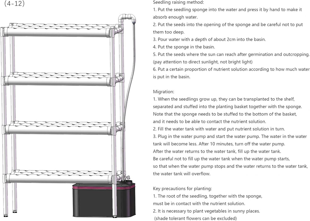 Zestaw do uprawy hydroponicznej ze 108 miejscami do sadzenia, 4 poziomy z pompą wodną. System hydroponiczny wykonany z rur PVC-U klasy spożywczej do warzyw domowych, balkonowych, ogrodowych i balkonowych.