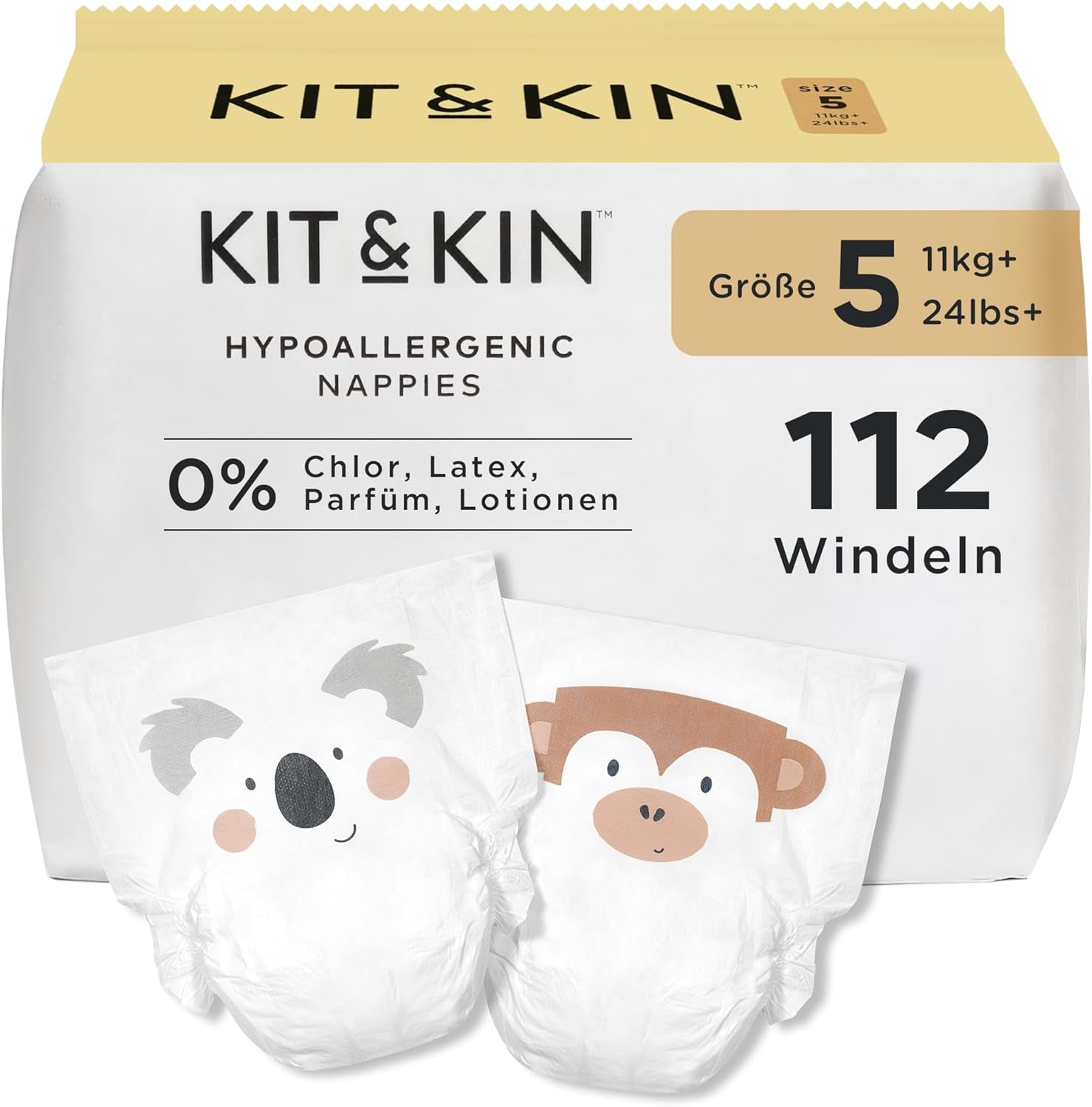 Pieluchy Kit & Kin Premium, rozmiar 4 (9-14 kg), 128 sztuk, na bazie roślin i hipoalergiczne, niezawodna ochrona przed wyciekami, wegańskie i wolne od okrucieństwa