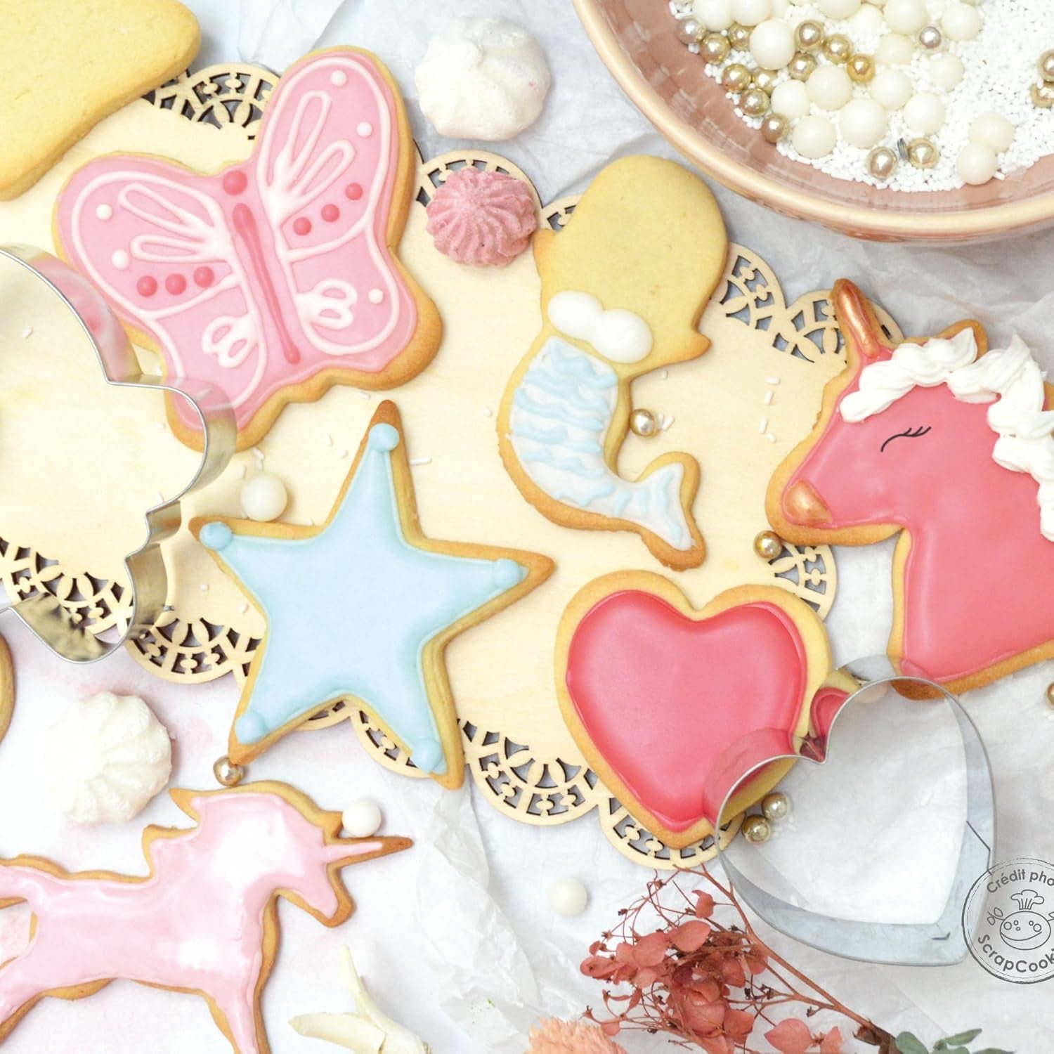 ScrapCooking - Set de 16 forme de biscuiți Unicorn - Forme de biscuiți - 16 piese - Curcubeu, Zână, Sirenă, Coroană, Floare - Formă de copt - Forme de biscuiți din oțel inoxidabil - 2027