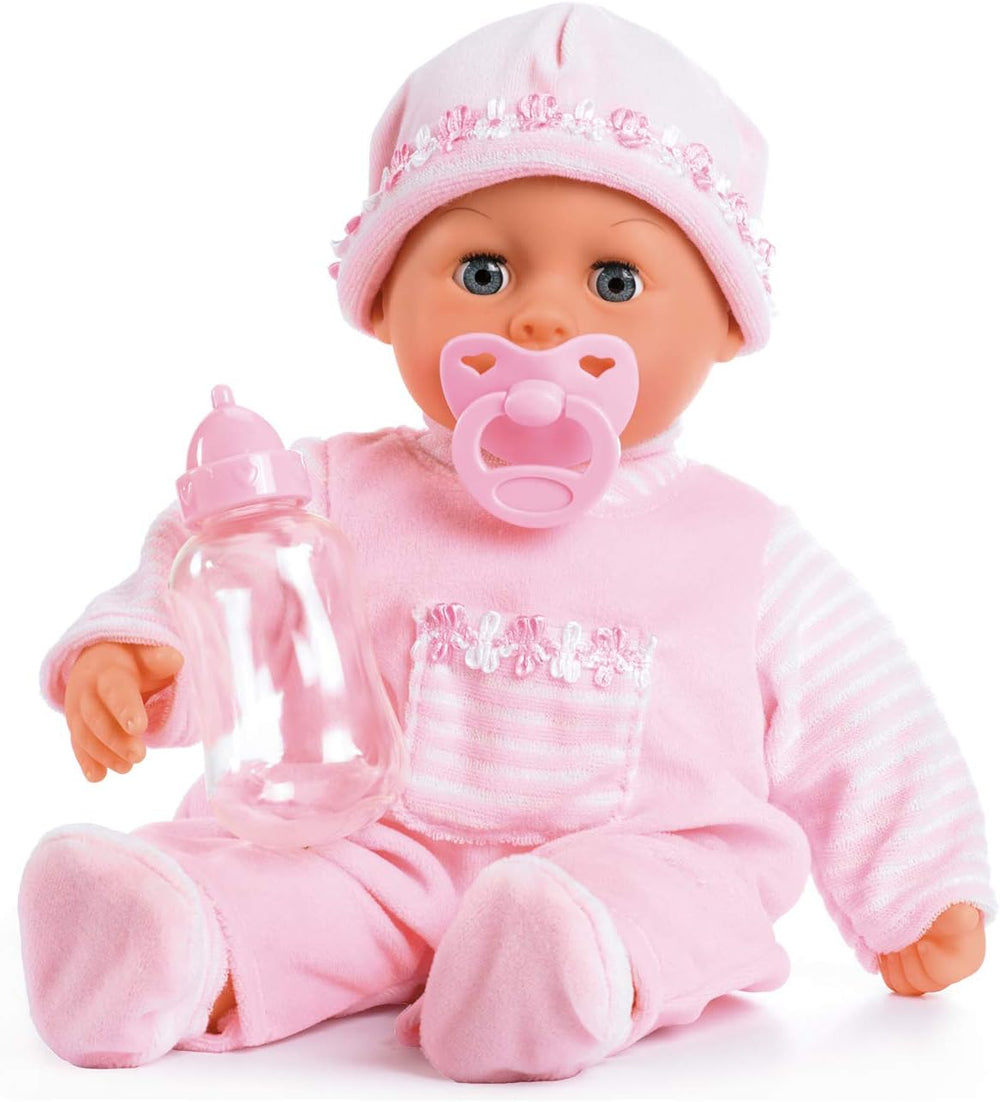 Bayer Design 93800-różowy 93825AA Babypuppe First Words, Schlafaugen, spricht 24 Babylaute, weicher Körper, mit Schnuller und Flasche, 38 cm, różowy
