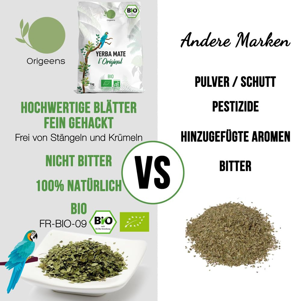 CEAI ORIGEENS BIO YERBA MATE 1 KG - Originalul I Neprăjit, frunze, fără tulpini, praf și firimituri I Băutură energizantă și detoxifiantă