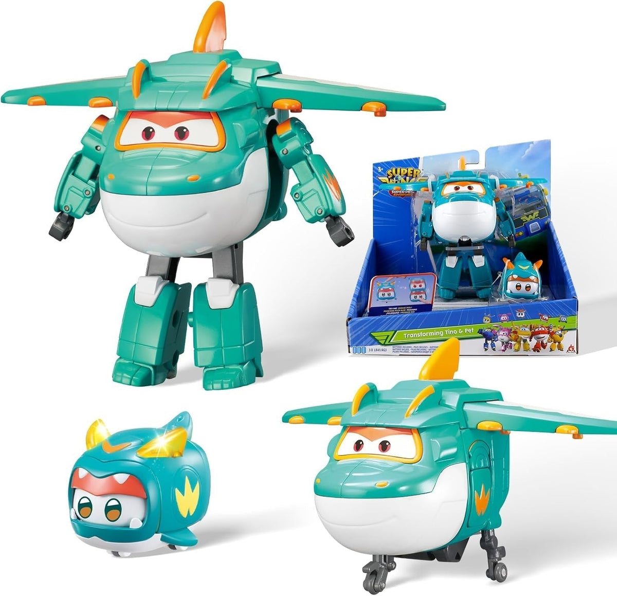 Super Wings EU770447 - Transformacja Tino i Peta, transformacja figurki zabawki ok. 14,5 cm i zwierzątko o wysokości ok. 4,3 cm, dla dzieci powyżej 3 roku życia Figurki Naty Shop Tino