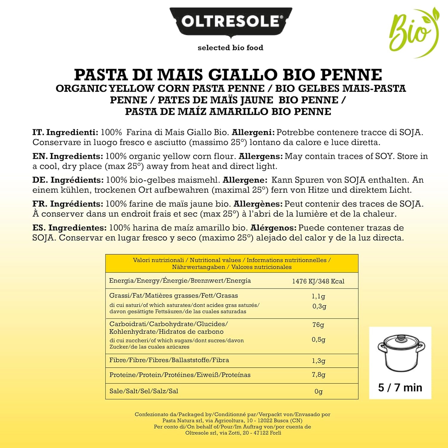 Pasta di Mais Giallo Biologica Italiana Gluten Free, Formato Penne - makaron bezglutenowy, 100% farina di mais giallo bio, wegański, konfezione da 3 pacchi da 350 g