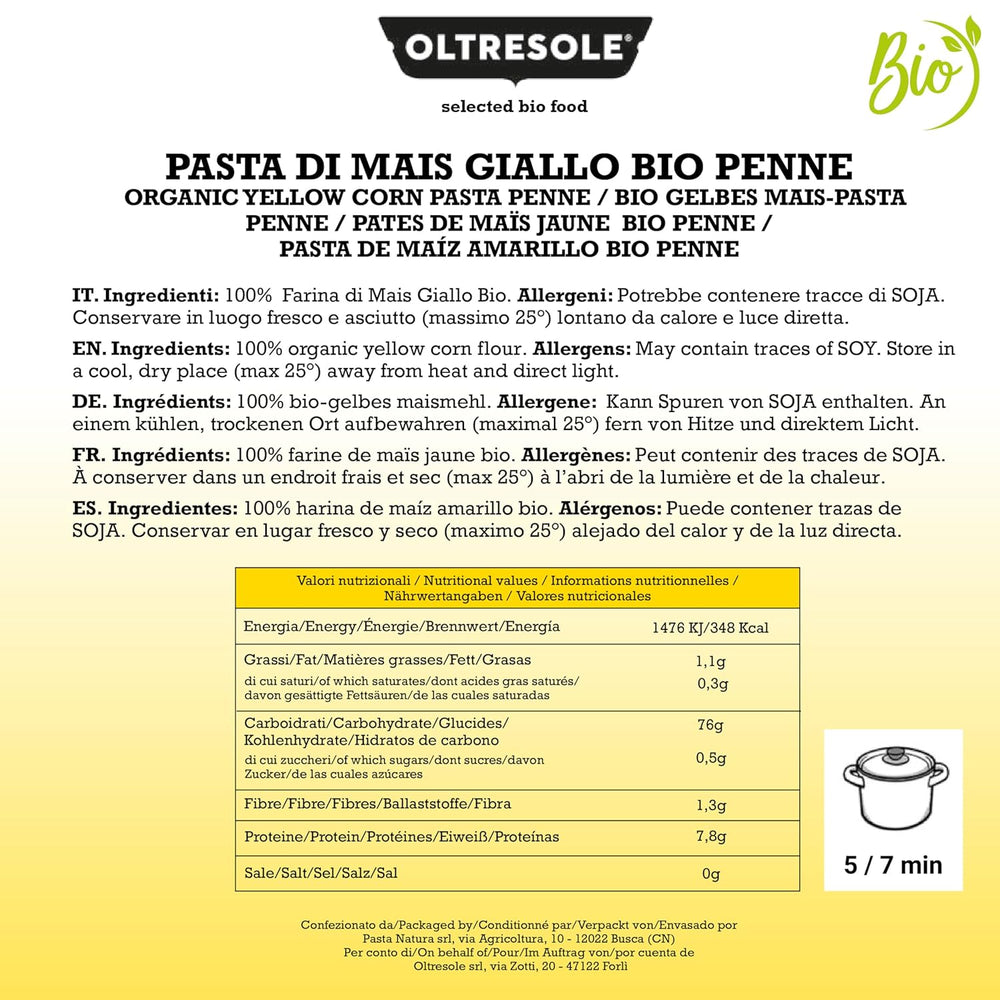 Pasta di Mais Giallo Biologica Italiana Gluten Free, Formato Penne - makaron bezglutenowy, 100% farina di mais giallo bio, wegański, konfezione da 3 pacchi da 350 g