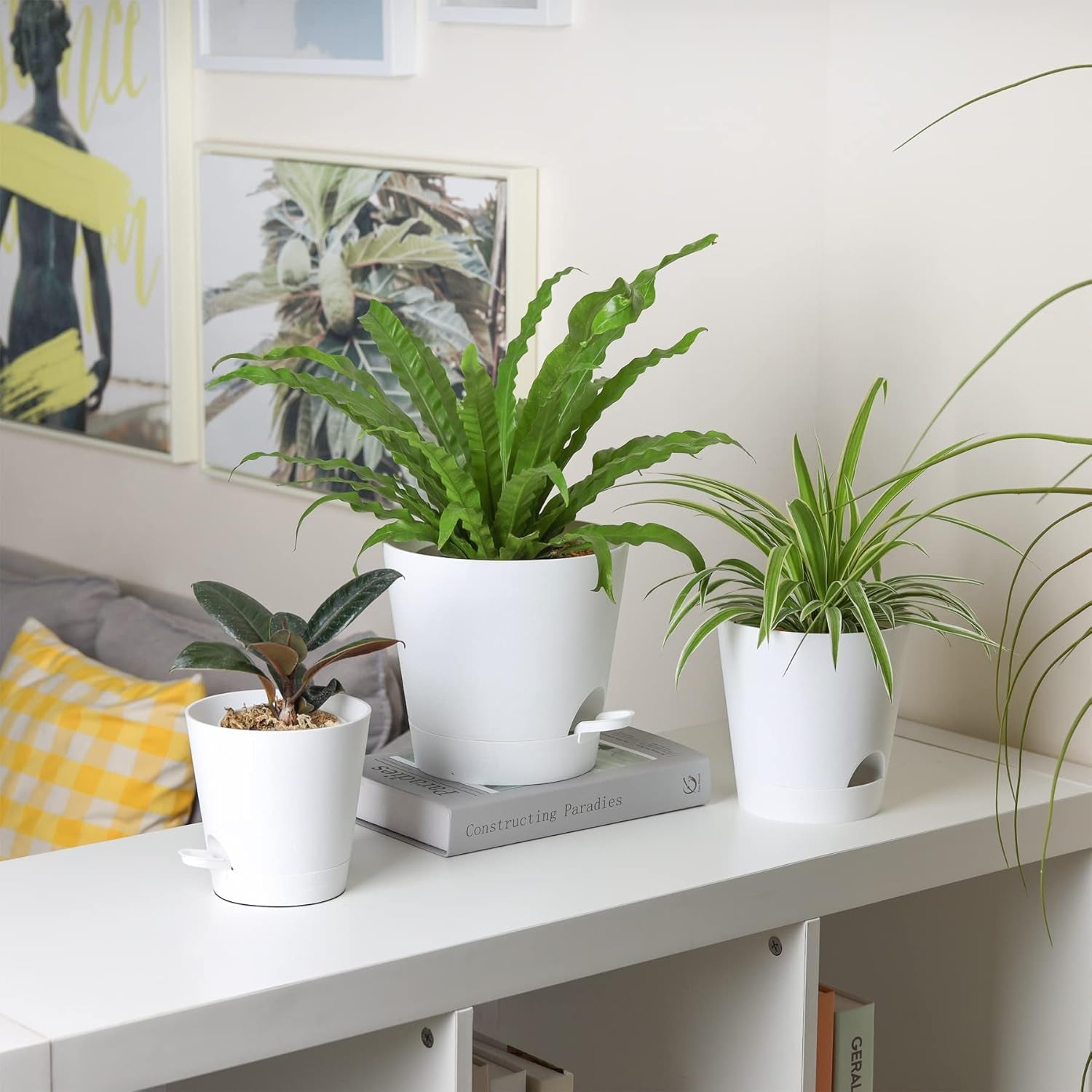 T4U 14cm Plastikowe doniczki z systemem podlewania, zestaw 6 samonawadniających się doniczek i spodków, okrągłe doniczki do roślin ogrodowych na balkonach, sukulentów, kaktusów, białe