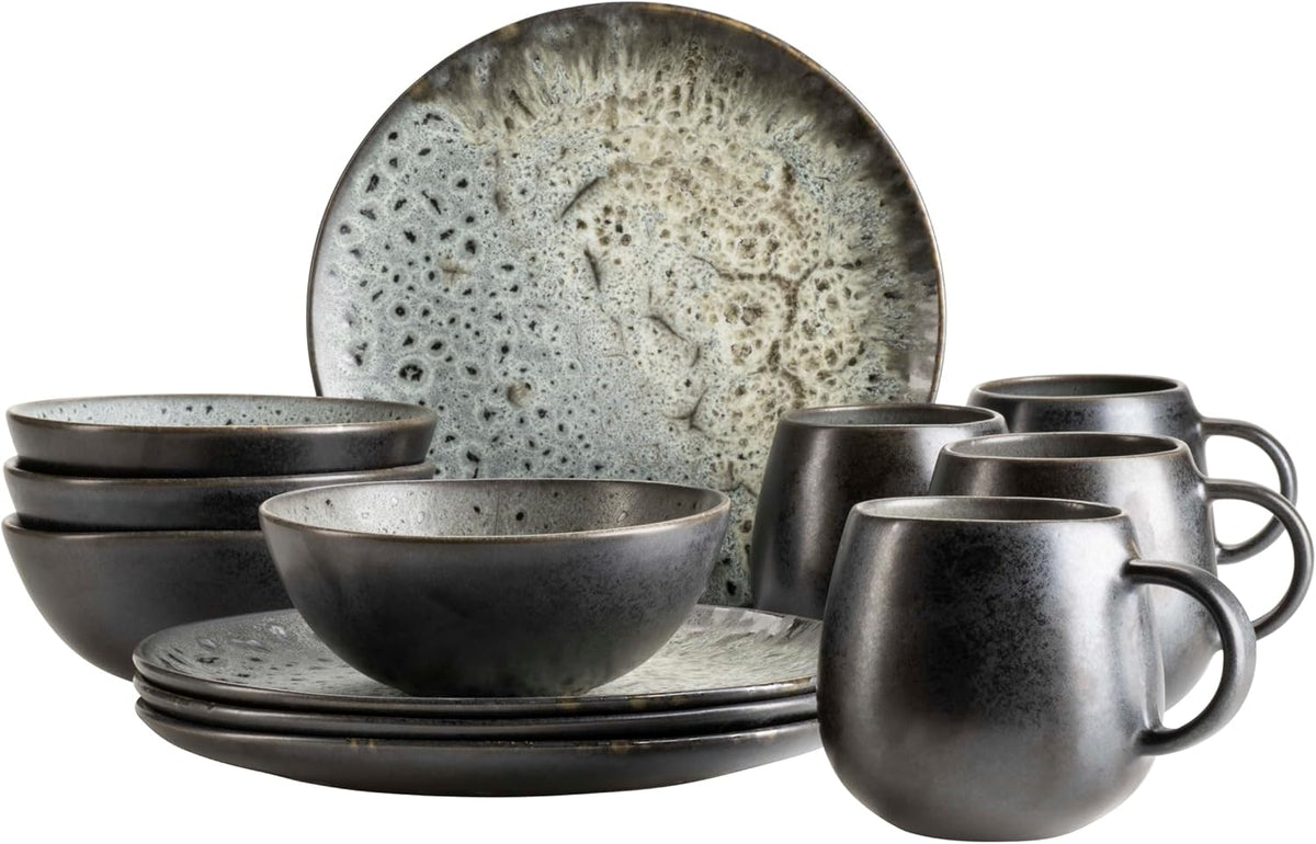 Set de mic dejun MÄSER Carellia, 12 piese – ceramică din Portugalia – glazură reactivă – 4 farfurii de desert 23 cm, 4 boluri 15 cm, 4 căni de cafea 430 ml – potrivit pentru mașina de spălat vase și cuptorul cu microunde, gri