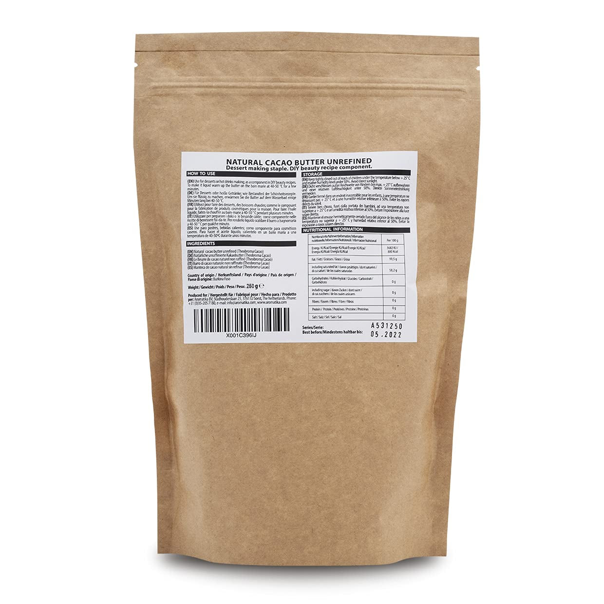 Kakaobutter - 250g - Theobroma Cacao - Surowe masło kakaowe - Masło Kakao w Stücken - Kaltgepresst - Unraffiniert - Rein und Naturlich - für Speisen und Hautpflege - Masło kakaowe