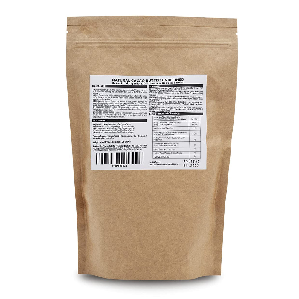 Kakaobutter - 250g - Theobroma Cacao - Surowe masło kakaowe - Masło Kakao w Stücken - Kaltgepresst - Unraffiniert - Rein und Naturlich - für Speisen und Hautpflege - Masło kakaowe