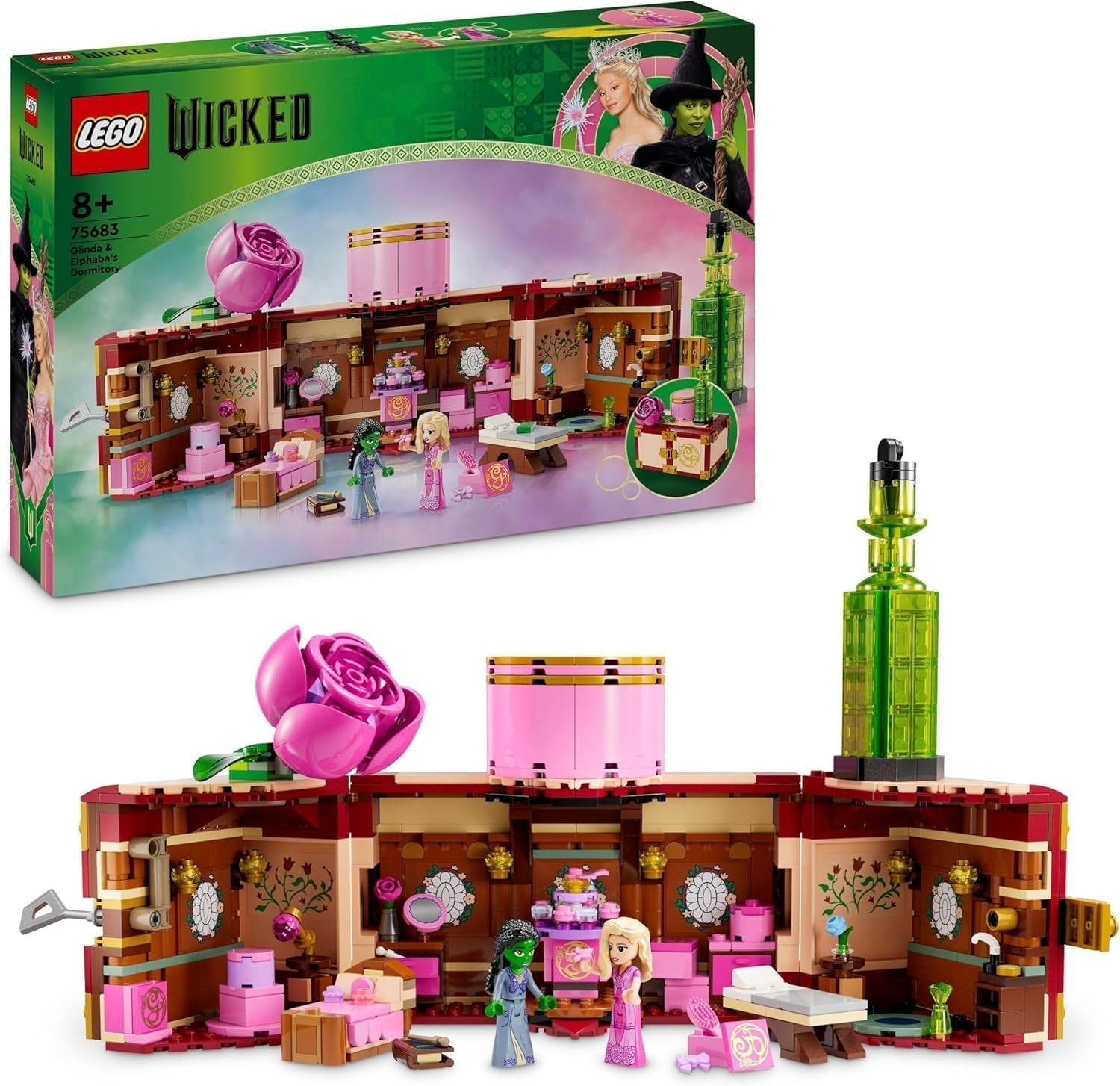 LEGO Wicked Glinda i Elphaba's Bedroom — Domek dla lalek z 2 minilaleczkami Oz, wspaniałymi akcesoriami, w tym kwiatami i strojami — Kreatywna zabawka dla dziewczynek w wieku powyżej 8 lat i fanów — 75683 Zestawy do budowania Besuche den LEGO-Store Domyślny tytuł
