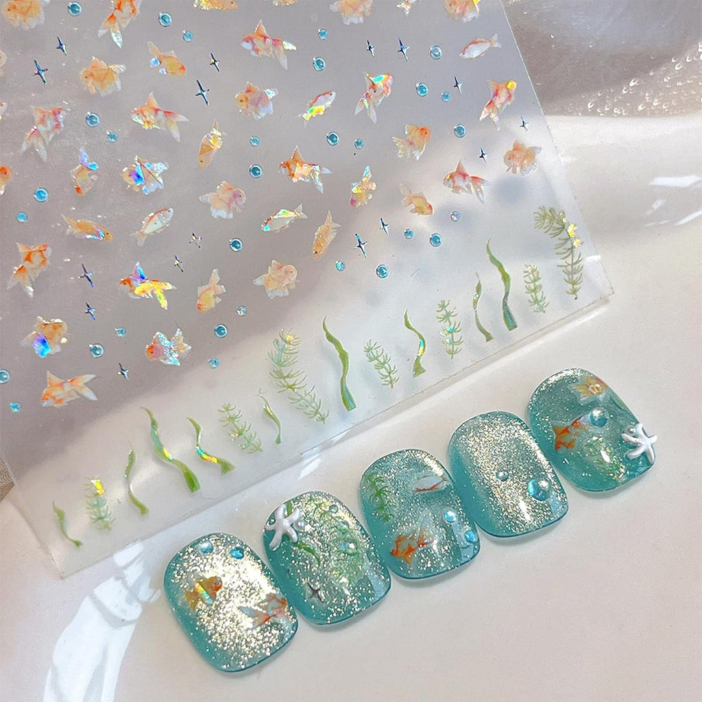 2 Stück Selbstklebende Nagelsticker Mit Muscheleffekt, Vierstrahlstern Und Goldfisch Design, Nagelaufkleber Für Fingernägel, Nail Art Zubehör Für Gelnägel