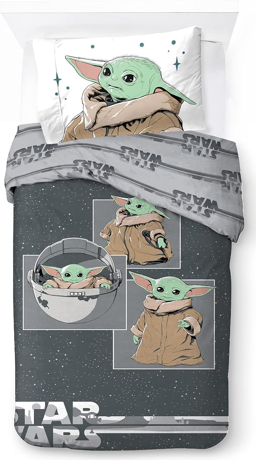 Pościel dla dzieci, unisex, księżniczki i superbohaterowie, 100% bawełna Pościel - dzieci Naty Shop Szary - Mandalorian 135X200/50X70 (2 szt.)