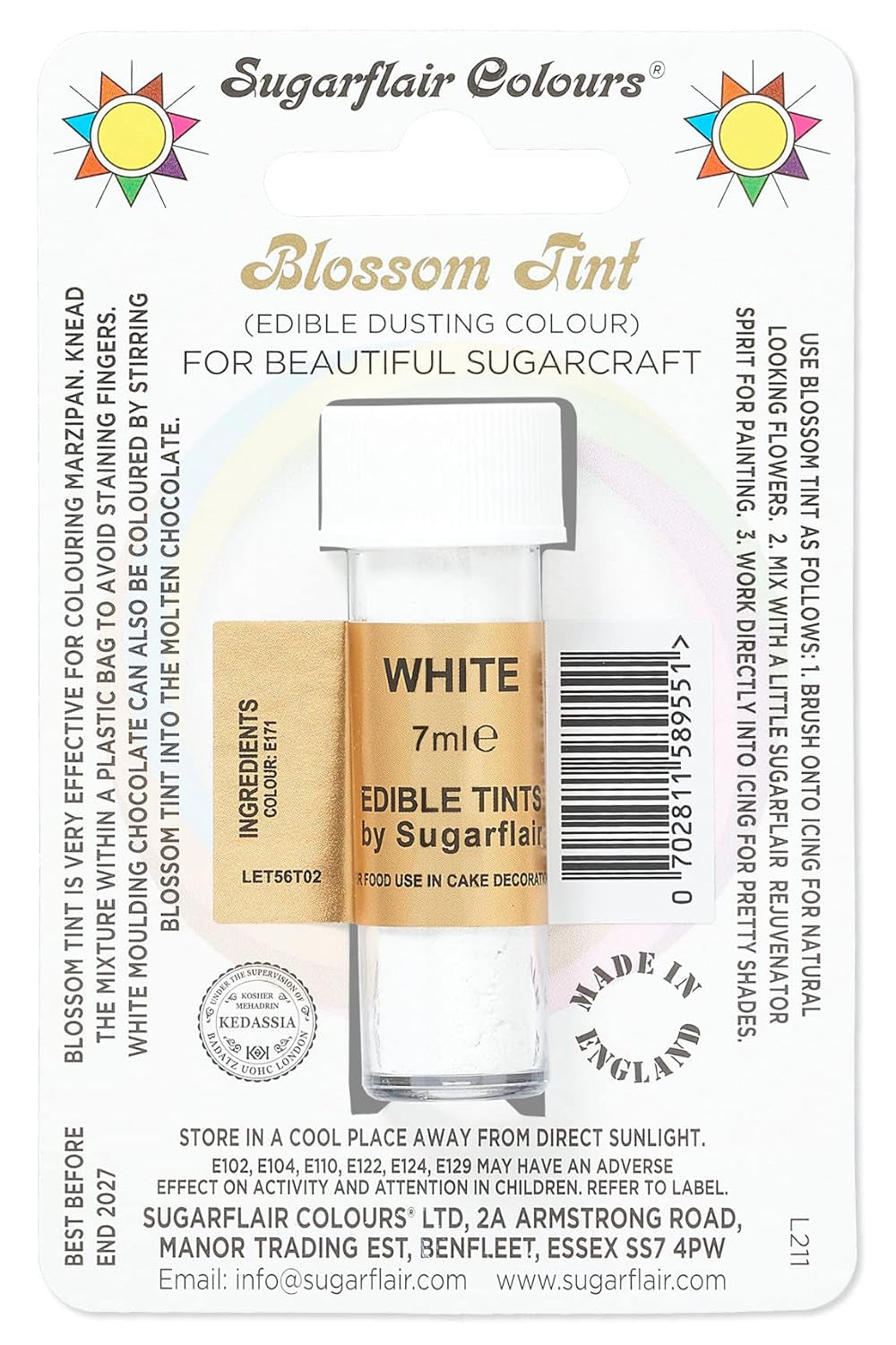Colorant alimentar pudră Sugarflair Blossom Tint Dusting, alb - Pudră de colorant alimentar pentru decorarea pastei de zahăr colorate, fondantului, glazurii, ciocolatei, cremei de unt, macaroanelor - 7 ml