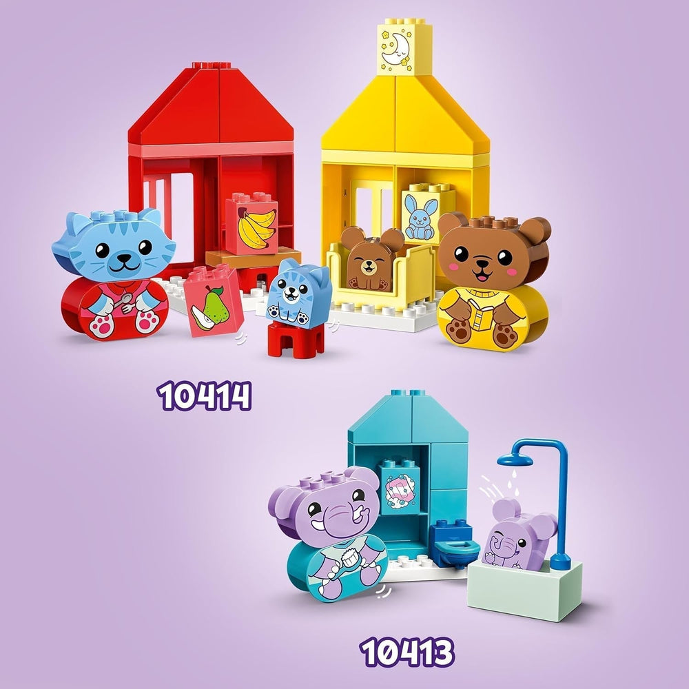 LEGO DUPLO Codzienne czynności: jedzenie i pora snu, edukacyjna zabawka dla malucha zachęcająca do rozwoju społecznego i emocjonalnego, z 4 figurkami zwierząt, prezent dla dzieci od 18. miesiąca życia 10414 Zestawy do budowania Besuche den LEGO-Store