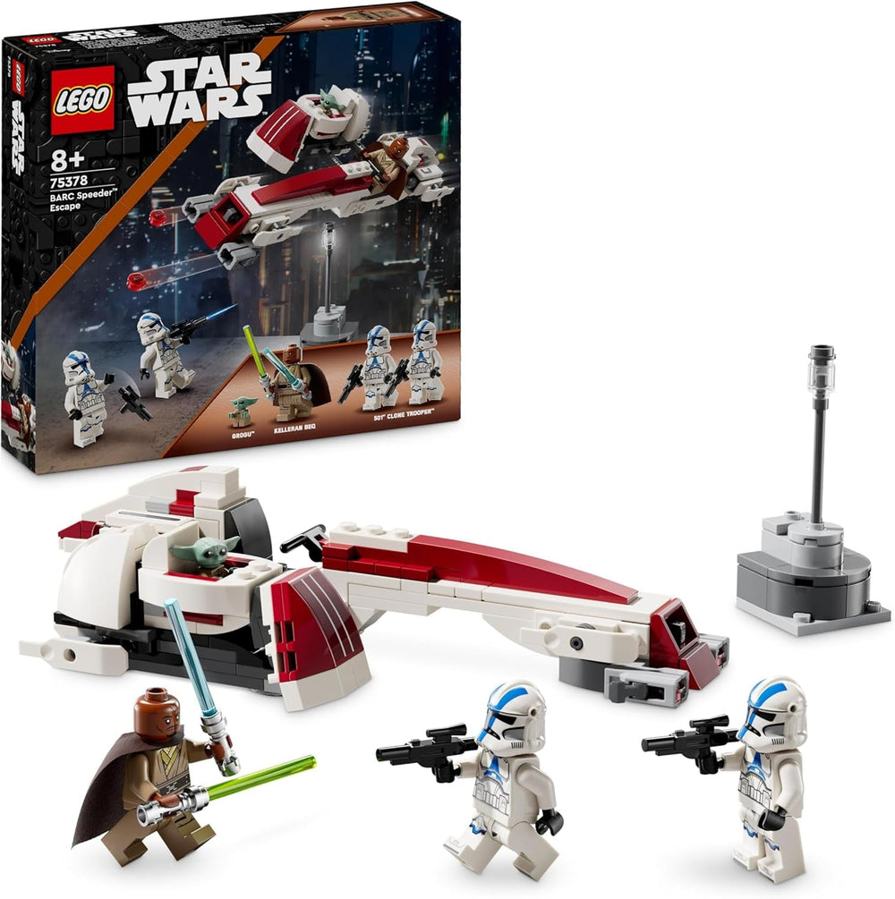 LEGO Star Wars Ucieczka ze ścigaczem BARC, zestaw Mandalorian, zabawkowy rower z przyczepką, figurki Kellerana Beqa i Grogu, prezent dla chłopców i dziewcząt od 8 lat 75378 Zestawy konstrukcyjne Besuche den LEGO-Store Klocki