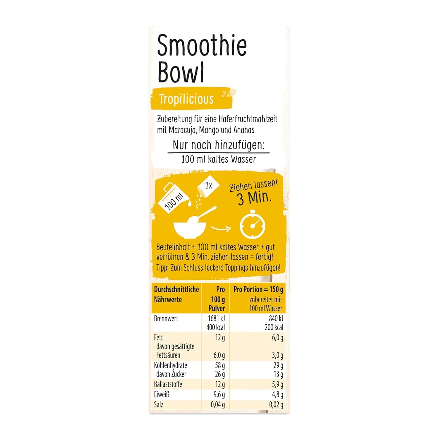 RUF Smoothie Bowl Tropilicious Mango Marakuja Przekąska śniadaniowa Owsianka Szybka i łatwa Wegańska 1 saszetka x 50g (zestaw 3 szt.)