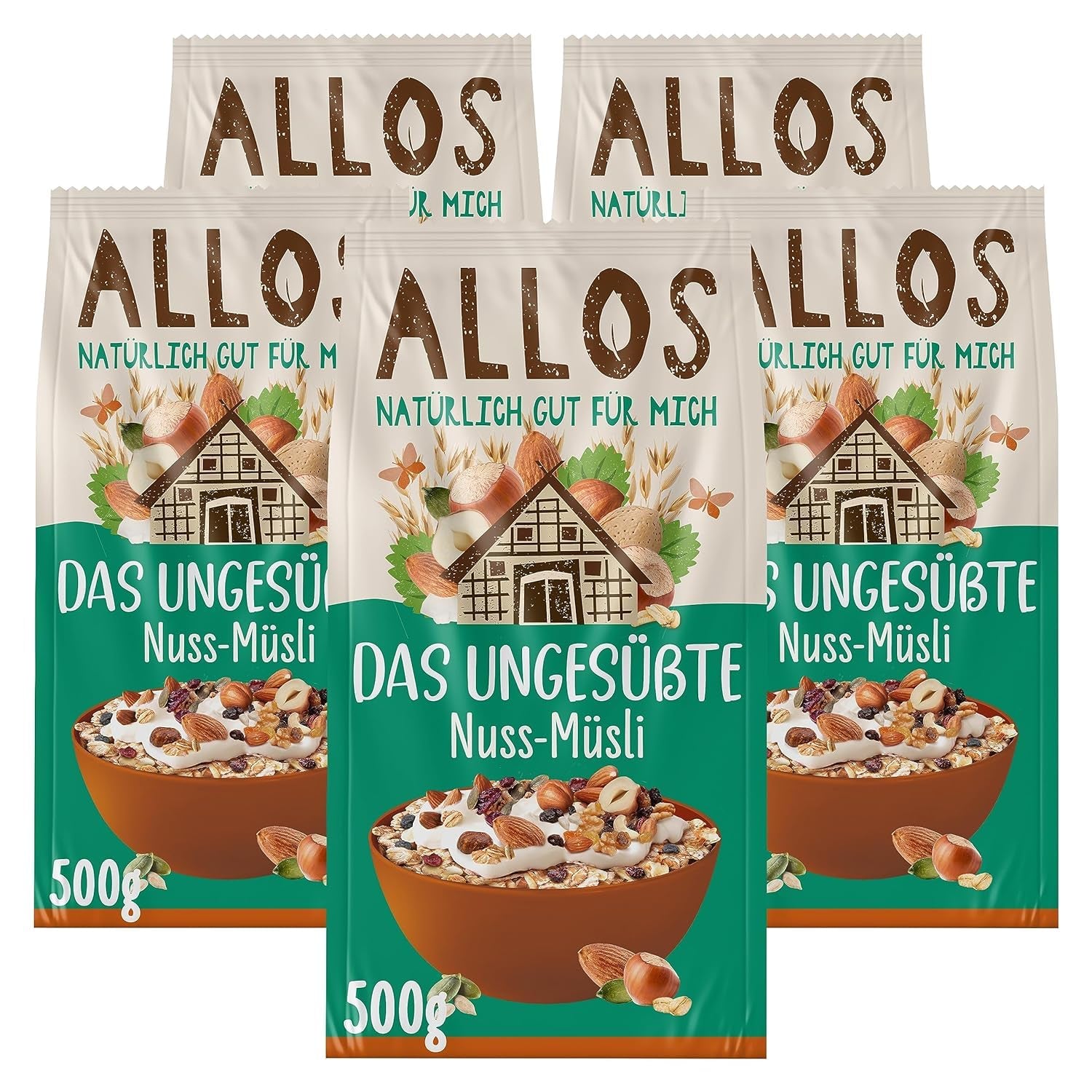 Allos niesłodzone musli białkowe | Organiczne musli | Płatki owsiane | Płatki śniadaniowe | Wegańskie (5 x 450g), 1 sztuka (opakowanie 5 szt.)