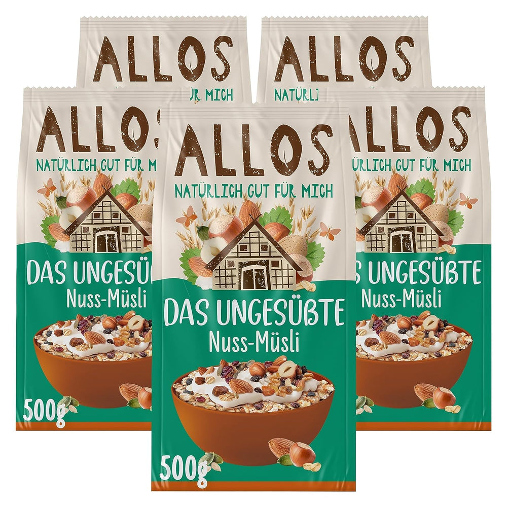 Allos niesłodzone musli białkowe | Organiczne musli | Płatki owsiane | Płatki śniadaniowe | Wegańskie (5 x 450g), 1 sztuka (opakowanie 5 szt.)
