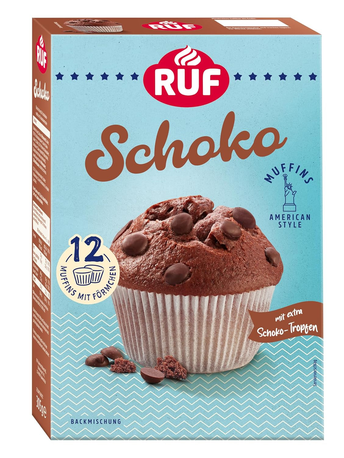RUF Sernik-Muffiny Backmischung, Babeczki w stylu amerykańskim Mit Cremiger Füllung, Einfache Zubereitung, 12 Muffin-Förmchen Inklusive Naty Shop Schoko 305 G (opakowanie 1Er)