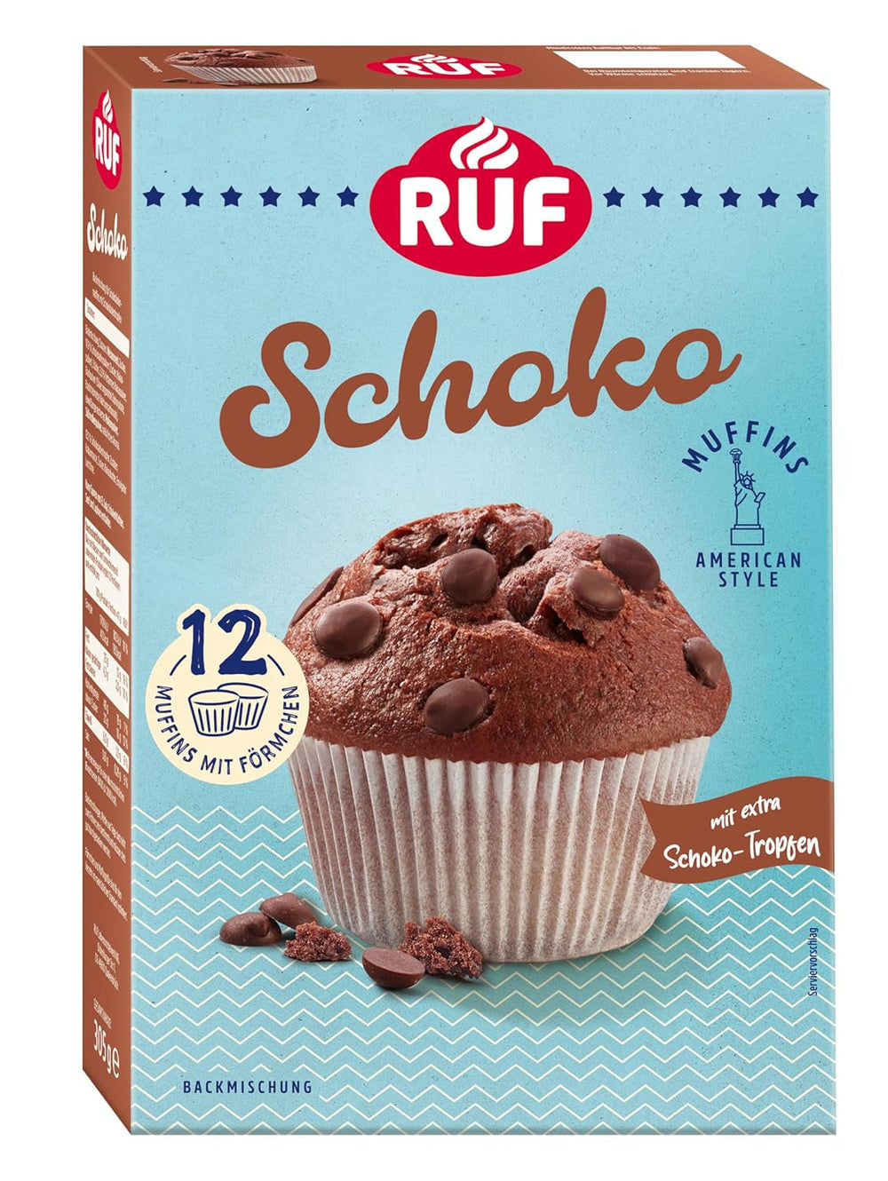 RUF Sernik-Muffiny Backmischung, Babeczki w stylu amerykańskim Mit Cremiger Füllung, Einfache Zubereitung, 12 Muffin-Förmchen Inklusive Naty Shop Schoko 305 G (opakowanie 1Er)
