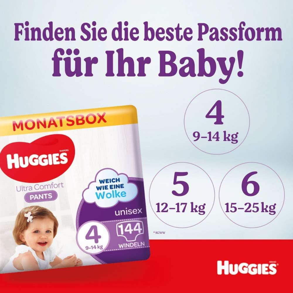 Spodnie Huggies Ultra Comfort rozmiar 4, 9-14 kg, Dla aktywnych dzieci, Ze wskaźnikiem wilgoci i technologią chmurki w pasie, 144 pieluchy dla matki i dziecka Naty Shop