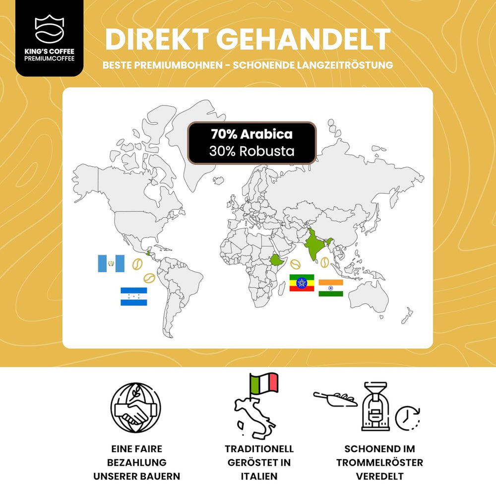 KING'S COFFEE - PRĂJIRE SPECIALĂ - 1 kg Boabe Espresso Premium Barista - Cafea cu Aciditate Scăzută - Prăjire în Loturi Mici din Italia - Cel mai fin amestec Arabica-Robusta pentru aparate complet automate și portafiltru