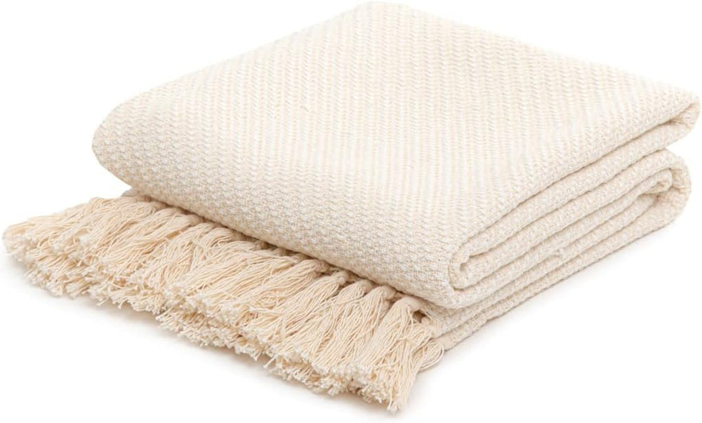 HOMLA Morris Kocyk w kratę z bawełnianymi frędzlami - Miękki i wygodny koc Koc bawełniany - delikatna tkanina 130 X 170 cm Ecru Łóżka i koce Besuche den HOMLA-Store Ecru