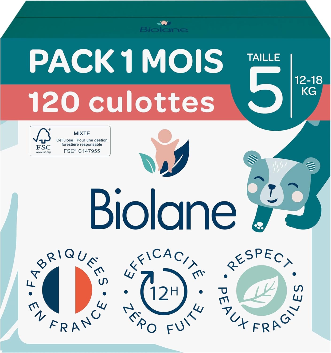 BIOLANE - Pieluszki krótkie - Rozmiar 5 (12-18 kg) - Szczelność 12 godzin - Opakowanie na 1 miesiąc - 120 pieluszek - ekologiczne