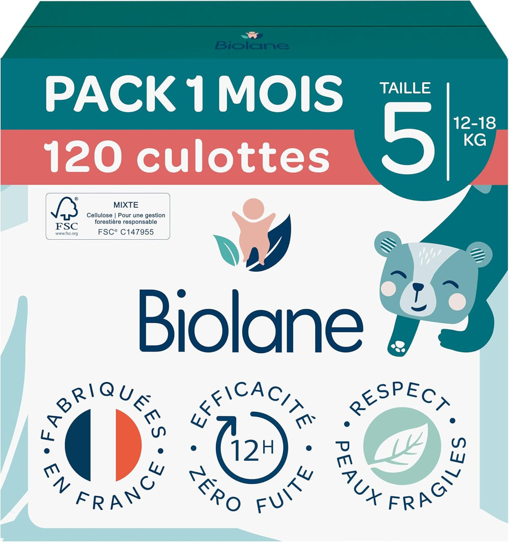 BIOLANE - Pieluszki krótkie - Rozmiar 5 (12-18 kg) - Szczelność 12 godzin - Opakowanie na 1 miesiąc - 120 pieluszek - ekologiczne