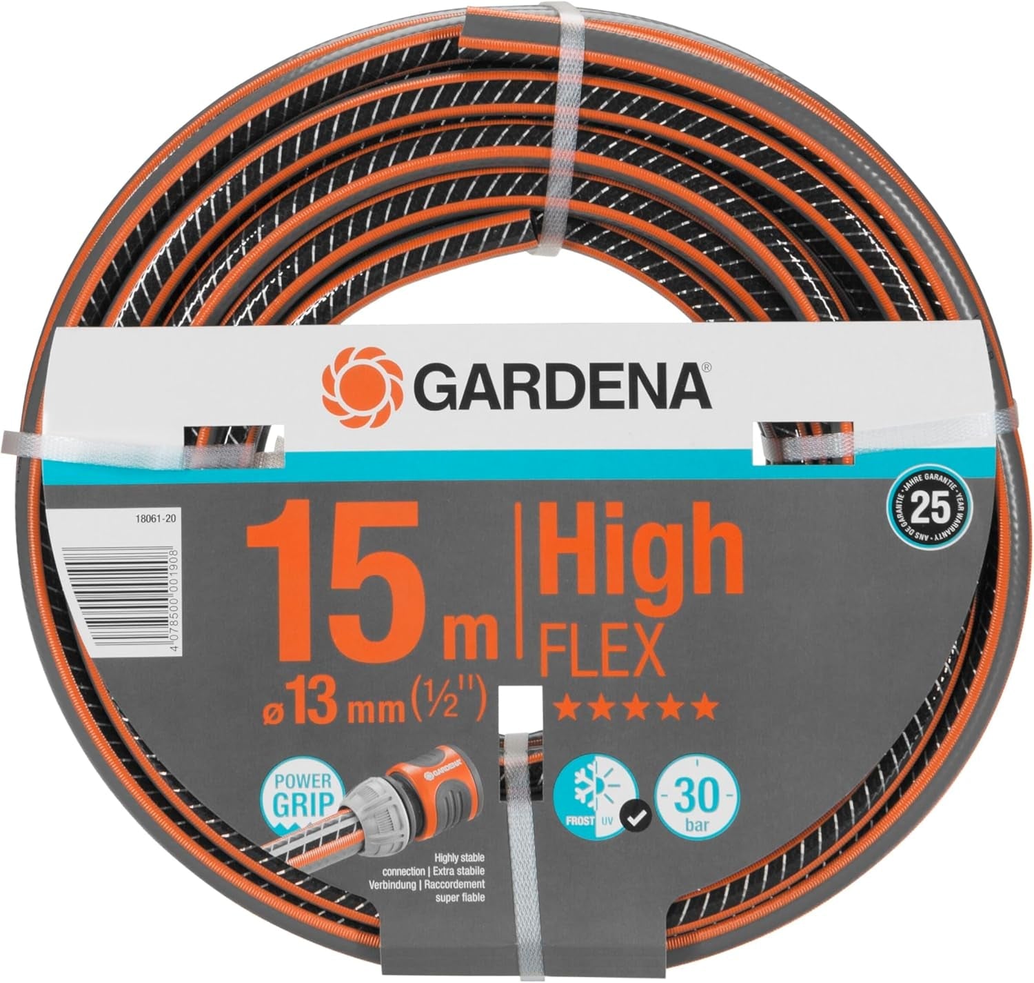 Furtun Gardena Comfort HighFLEX 13 mm (1/2 inch), 30 m: Furtun de grădină cu profil Power-Grip, presiune de spargere de 30 bar, stabil dimensional, rezistent la UV (18066-20) negru