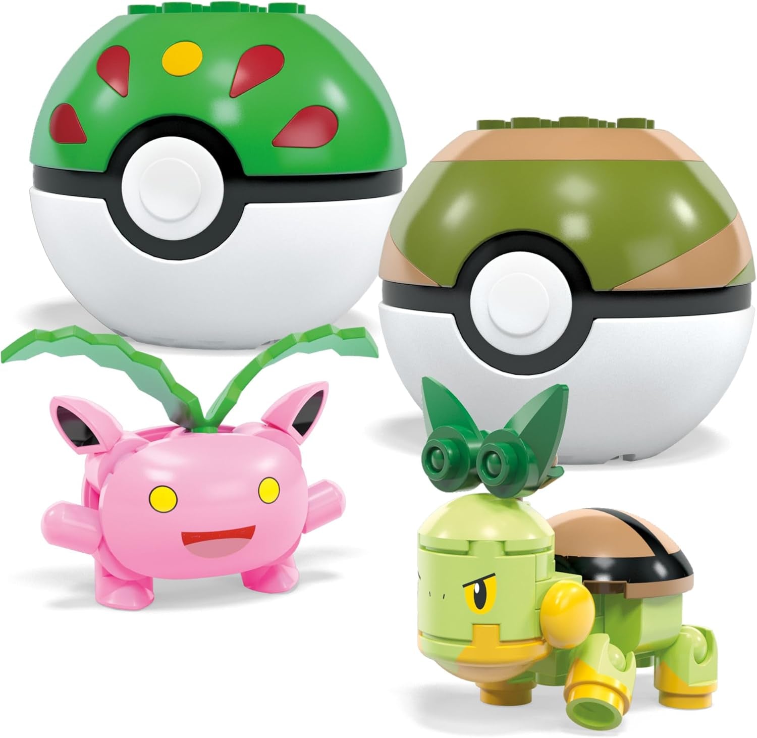 MEGA Pokémon Actionfigur-Bauspielzeug, Pflanze-Typ Trainerteam mit 118 Teilen, bewegliche Bisasam-, Chelast-, Hoppspross- und Myrapla-Figuren, Geschenkidee für Kinder, HWR77